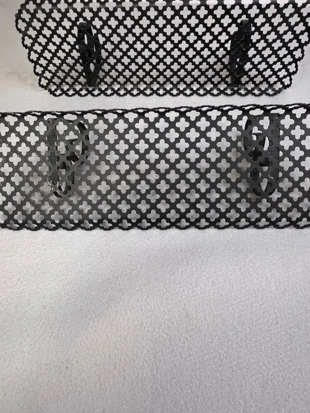 MCM Black Metal Wall Shelf Clover Leaf Lattice Pattern Scalloped Edges Set of 2